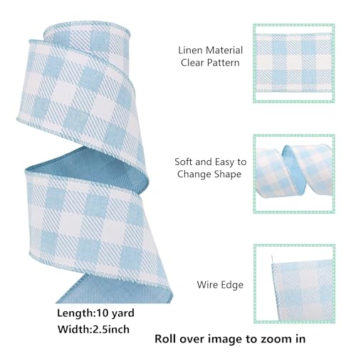 BAORJCT 2.5 Inch Wired Edge Burlap Ribbon, Blue Gingham Plaid Checked Ribbons, Easter Ribbons Summer Spring Wired Ribbon,for Gift Wrapping, Wreath, Crafts Home Decoration, Easter Decor (10yds) - Image 2