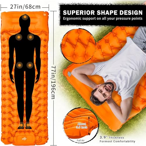 The AutoStory Camping Sleeping Bed Mat Pad - Extra Thick Nylon Inflatable Mattress for Ultimate Comfort, Built-in Pump, Waterproof & Compact for Backpacking, Hiking, Travel, Picnic (Orange, 960G) - Image 3