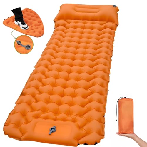 The AutoStory Camping Sleeping Bed Mat Pad - Extra Thick Nylon Inflatable Mattress for Ultimate Comfort, Built-in Pump, Waterproof & Compact for Backpacking, Hiking, Travel, Picnic (Orange, 960G) - Image 1