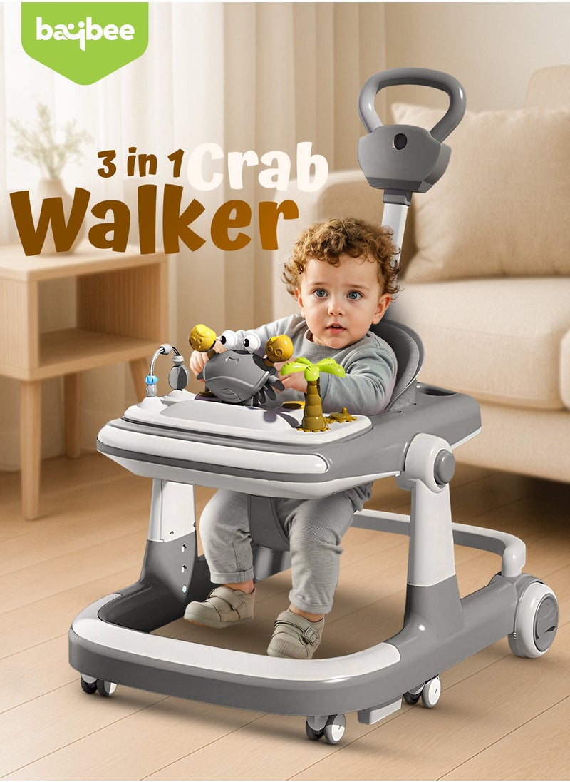 BAYBEE 3 in 1 Crab Baby Walker for Kids, Baby Push Walker with Parental Push Handle, 5 Adjustable Height, Speed Adjustable, Foldable Kids Walker with Light, Tray & Musical Toddler Walker for Baby 6 to 24 Months Boy Girl Grey  - Image 2