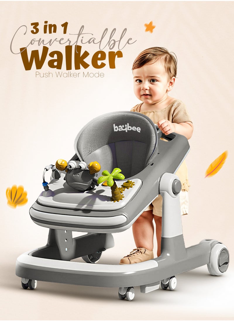 BAYBEE 3 in 1 Crab Baby Walker for Kids, Baby Push Walker with Parental Push Handle, 5 Adjustable Height, Speed Adjustable, Foldable Kids Walker with Light, Tray & Musical Toddler Walker for Baby 6 to 24 Months Boy Girl Grey  - Image 3