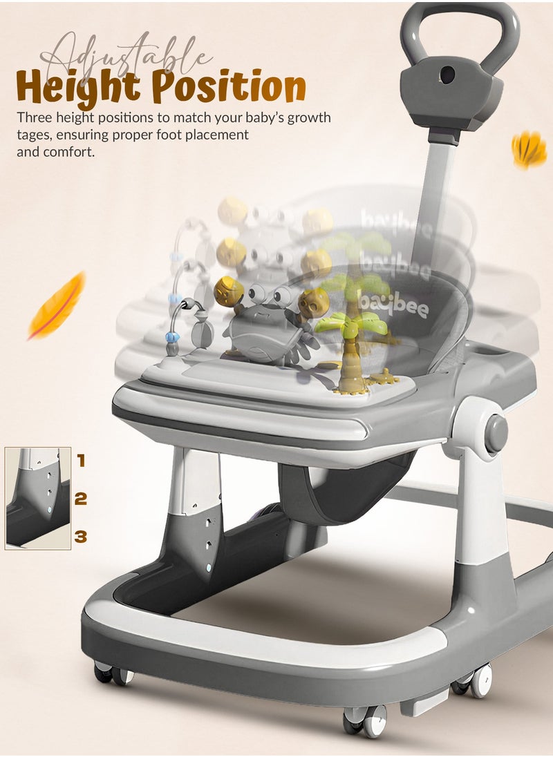 BAYBEE 3 in 1 Crab Baby Walker for Kids, Baby Push Walker with Parental Push Handle, 5 Adjustable Height, Speed Adjustable, Foldable Kids Walker with Light, Tray & Musical Toddler Walker for Baby 6 to 24 Months Boy Girl Grey  - Image 4