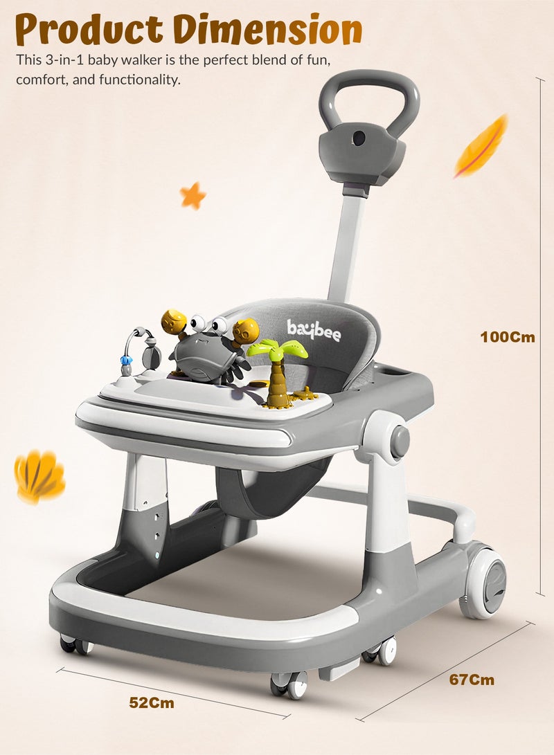 3 in 1 Crab Baby Walker for Kids, Baby Push Walker with Parental Push Handle, 5 Adjustable Height, Speed Adjustable, Foldable Kids Walker with Light, Tray & Musical Toddler Walker for Baby 6 to 24 Months Boy Girl Grey