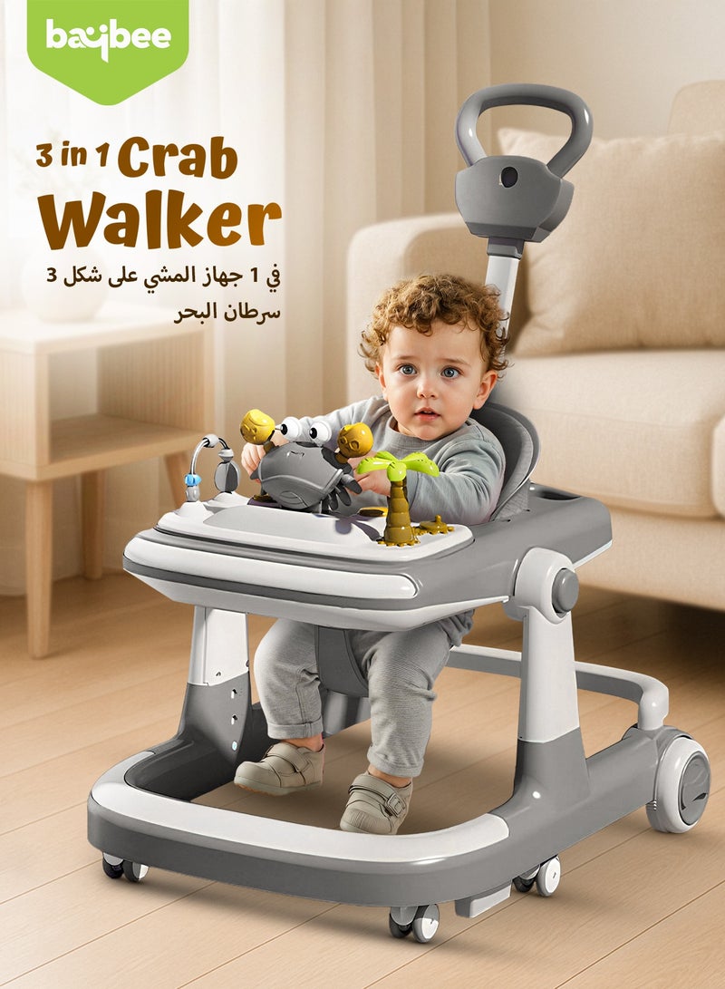 بيبي عربة المشي للأطفال 3 في 1 على شكل سلطعون – عربة دفع للأطفال مع مقبض دفع للوالدين، بارتفاع قابل للتعديل 5 مستويات، وسرعة قابلة للتعديل، عربة أطفال قابلة للطي مزودة بأضواء وصينية وموسيقى، للأطفال من عمر 6 إلى 24 شهراً – رمادي - Image 2