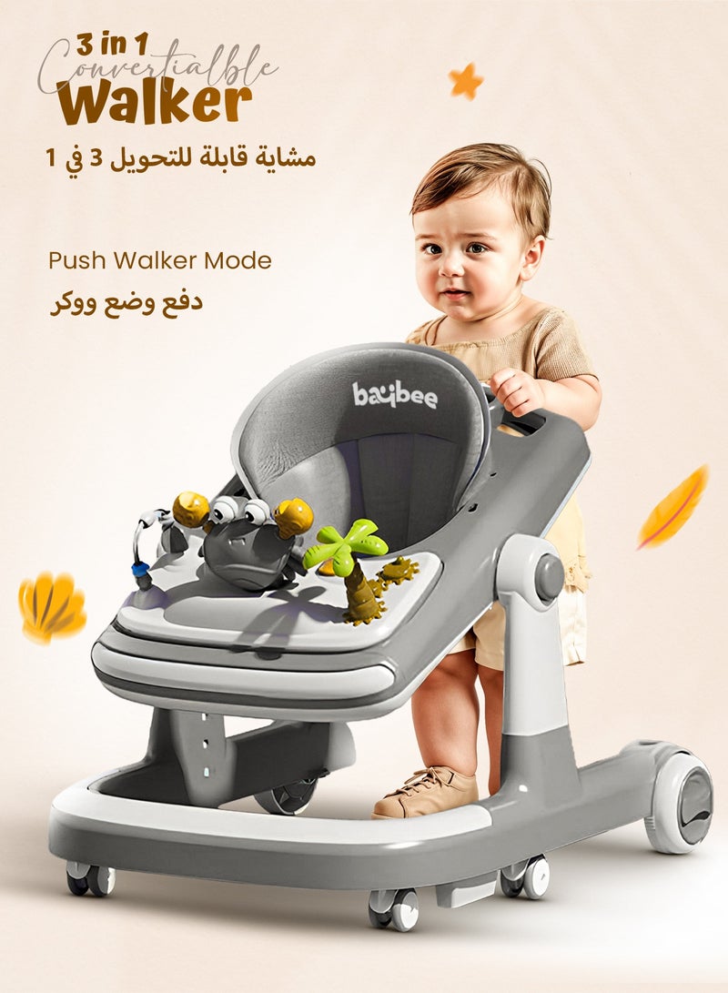بيبي عربة المشي للأطفال 3 في 1 على شكل سلطعون – عربة دفع للأطفال مع مقبض دفع للوالدين، بارتفاع قابل للتعديل 5 مستويات، وسرعة قابلة للتعديل، عربة أطفال قابلة للطي مزودة بأضواء وصينية وموسيقى، للأطفال من عمر 6 إلى 24 شهراً – رمادي - Image 3