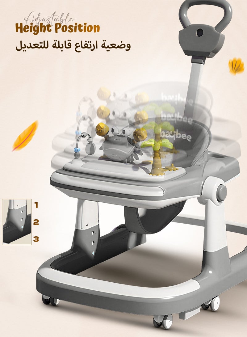 بيبي عربة المشي للأطفال 3 في 1 على شكل سلطعون – عربة دفع للأطفال مع مقبض دفع للوالدين، بارتفاع قابل للتعديل 5 مستويات، وسرعة قابلة للتعديل، عربة أطفال قابلة للطي مزودة بأضواء وصينية وموسيقى، للأطفال من عمر 6 إلى 24 شهراً – رمادي - Image 4