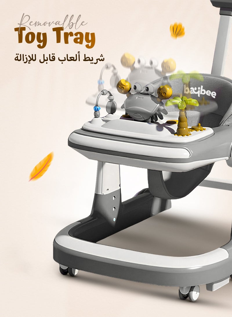 بيبي عربة المشي للأطفال 3 في 1 على شكل سلطعون – عربة دفع للأطفال مع مقبض دفع للوالدين، بارتفاع قابل للتعديل 5 مستويات، وسرعة قابلة للتعديل، عربة أطفال قابلة للطي مزودة بأضواء وصينية وموسيقى، للأطفال من عمر 6 إلى 24 شهراً – رمادي - Image 5