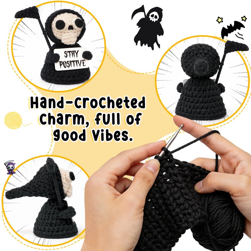 Frabaca Funny Gothic Grim Reaper Crochet Plush - Spooky Cute Halloween Decor & Dark Humor Gift - Stay Positive Sarcastic Desk Sign for Coworkers Friends White Elephant - Image 5