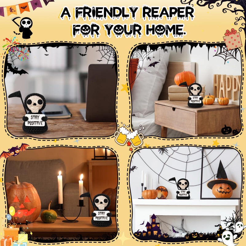 Frabaca Funny Gothic Grim Reaper Crochet Plush - Spooky Cute Halloween Decor & Dark Humor Gift - Stay Positive Sarcastic Desk Sign for Coworkers Friends White Elephant - Image 3