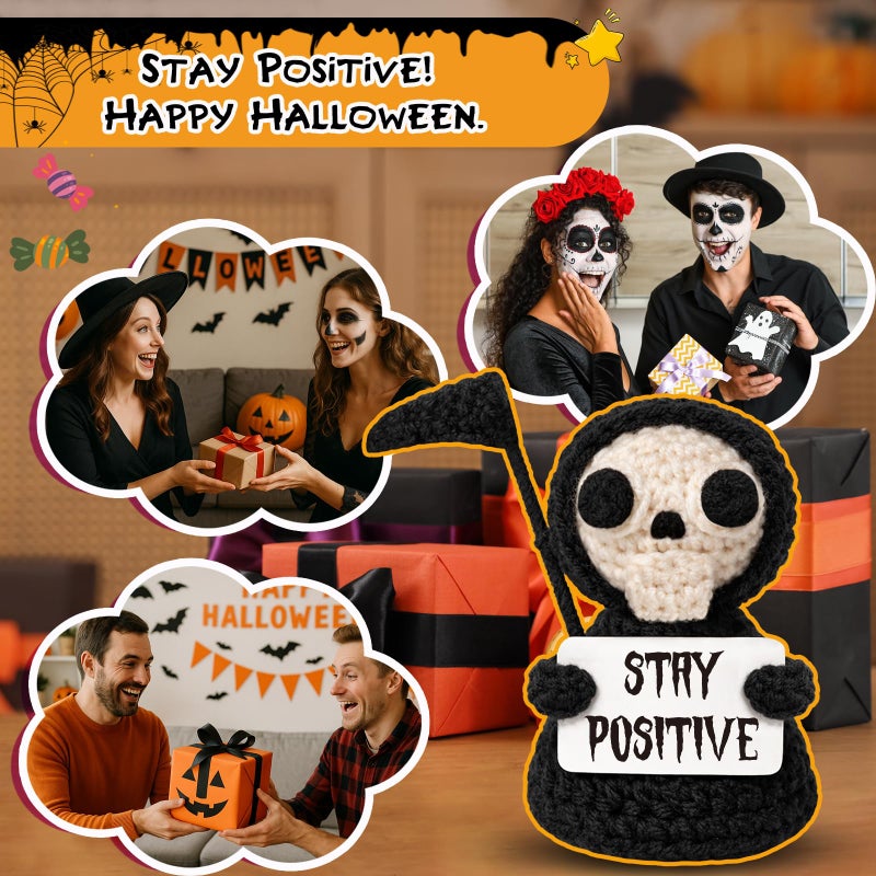 Frabaca Funny Gothic Grim Reaper Crochet Plush - Spooky Cute Halloween Decor & Dark Humor Gift - Stay Positive Sarcastic Desk Sign for Coworkers Friends White Elephant - Image 4