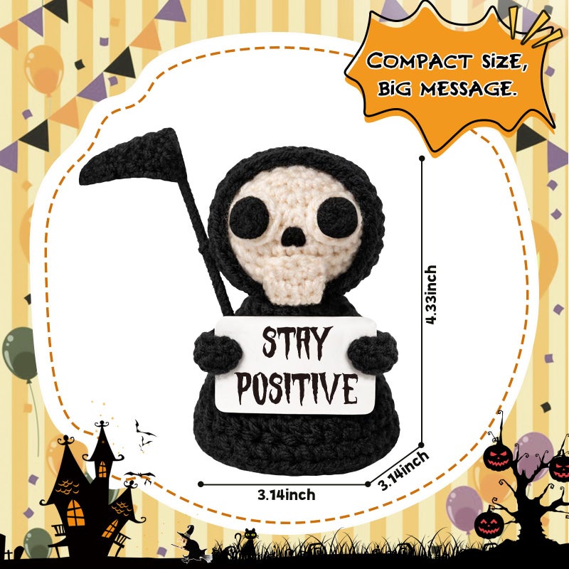 Frabaca Funny Gothic Grim Reaper Crochet Plush - Spooky Cute Halloween Decor & Dark Humor Gift - Stay Positive Sarcastic Desk Sign for Coworkers Friends White Elephant - Image 2
