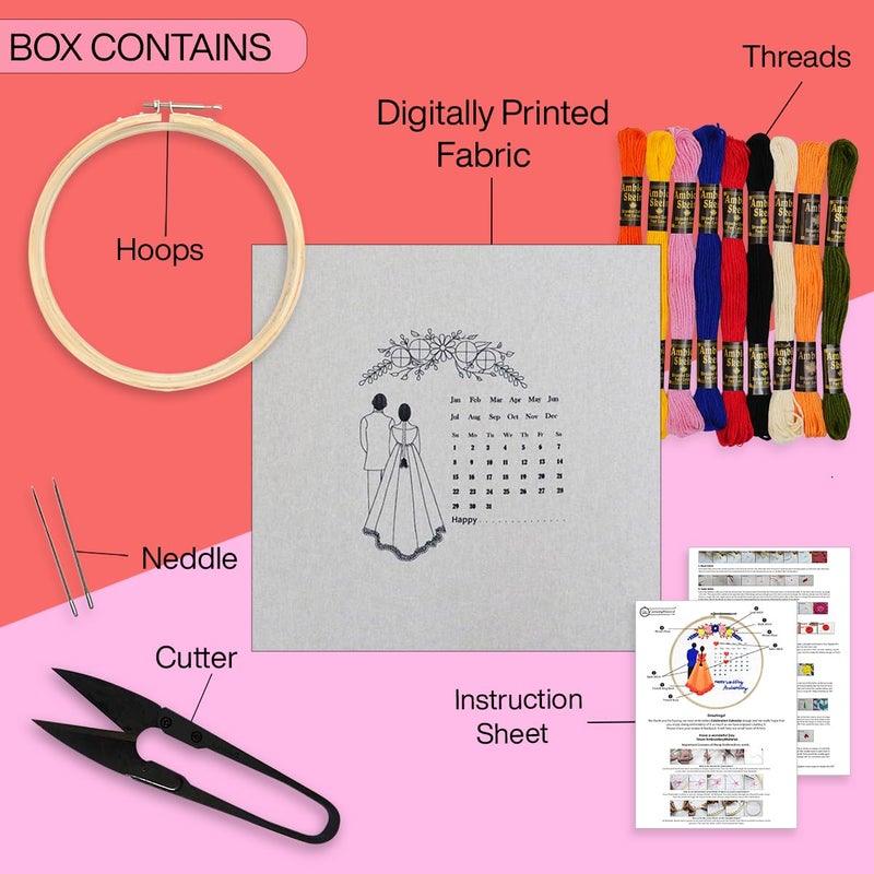 Embroiderymaterial Diy Embroidery Kit For Beginner, Adults & Kids With Wedding Celebration Calender Design Printed Cloth/Fabric & Written Instructions All Material Included ,Multicolor - Image 2