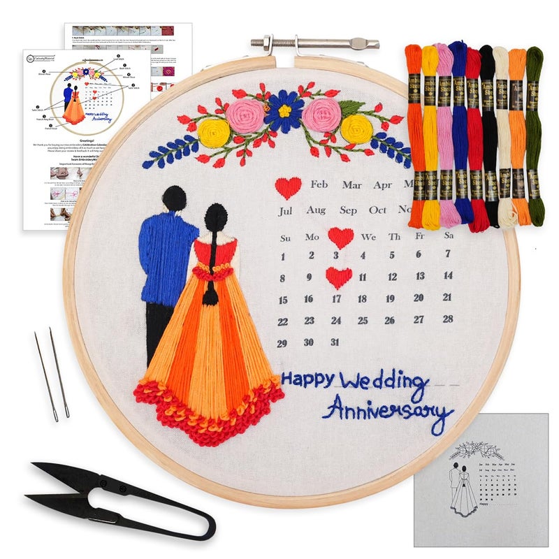 Embroiderymaterial Diy Embroidery Kit For Beginner, Adults & Kids With Wedding Celebration Calender Design Printed Cloth/Fabric & Written Instructions All Material Included ,Multicolor - Image 1