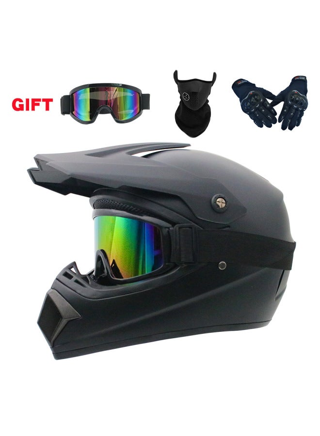 Off-Road Motorcycle Full Face Helmet - Matte Black with Goggles, Mask & Hard Shell Gloves, Four Seasons Unisex