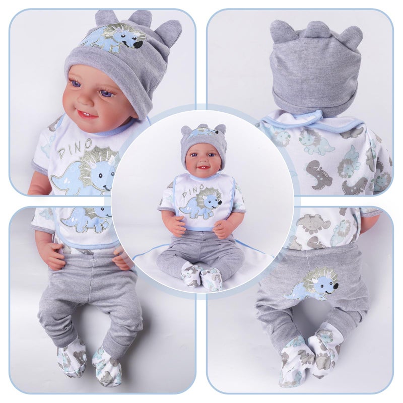 BABESIDE 6 Pcs Reborn Baby Doll Clothes for 17-22 Inch Babydolls, Dinosaurs Pattern Lifelike Reborn Baby Doll Accessories with Hat Bib and Socks for Realistic Baby Dolls Boy & Girl - Image 2