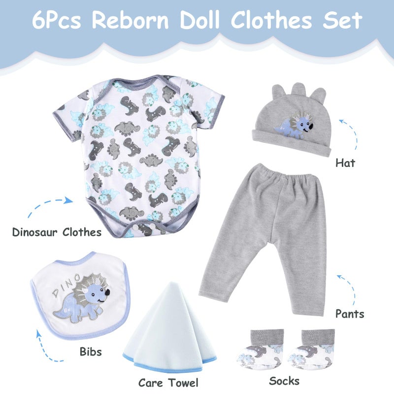 BABESIDE 6 Pcs Reborn Baby Doll Clothes for 17-22 Inch Babydolls, Dinosaurs Pattern Lifelike Reborn Baby Doll Accessories with Hat Bib and Socks for Realistic Baby Dolls Boy & Girl - Image 4
