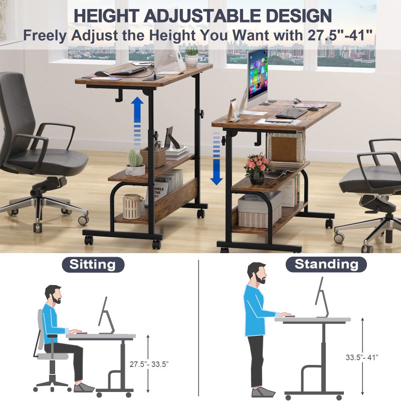 Armocity Rolling Standing Desk with Power Outlets, 32" Manual Height Adjustable Mobile Computer Desk with Wheels, Small Portable Sit Stand Laptop Couch Table for Bed & Sofa Home Office, Rustic Brown - Image 4