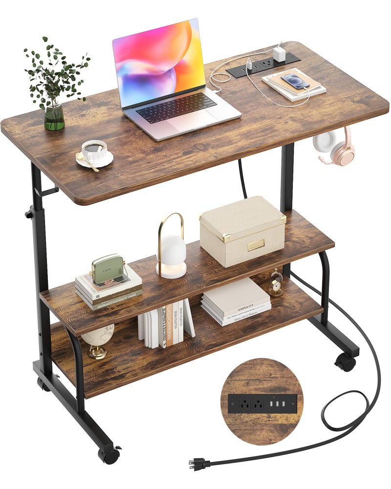 Armocity Rolling Standing Desk with Power Outlets, 32" Manual Height Adjustable Mobile Computer Desk with Wheels, Small Portable Sit Stand Laptop Couch Table for Bed & Sofa Home Office, Rustic Brown - Image 1