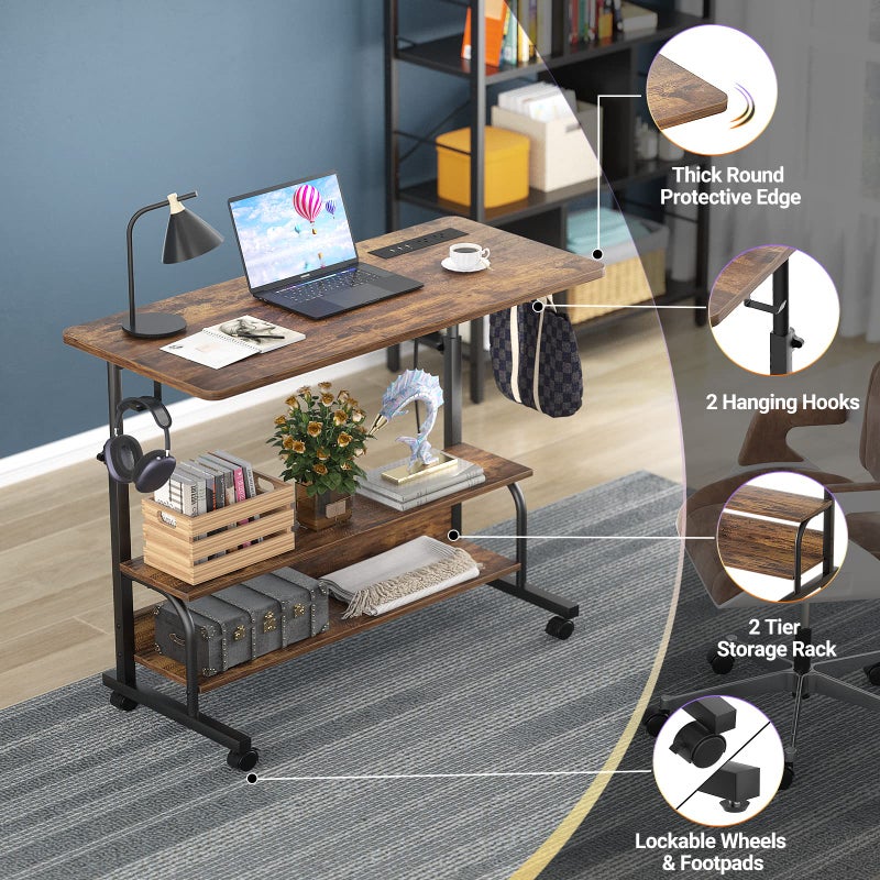 Armocity Rolling Standing Desk with Power Outlets, 32" Manual Height Adjustable Mobile Computer Desk with Wheels, Small Portable Sit Stand Laptop Couch Table for Bed & Sofa Home Office, Rustic Brown - Image 3