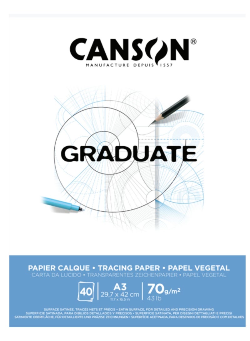 CANSON 40 Sheets A3 Graduate 70gsm Tracing Paper Pad Clear - Image 1