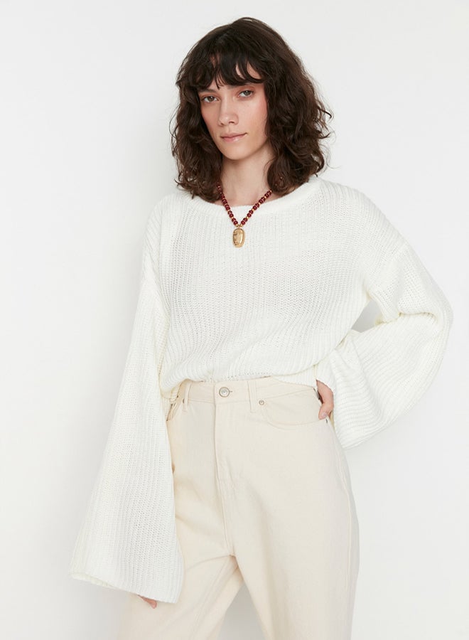 trendyol Ecru Crop Wide Pattern Spanish Sleeve Knitwear Sweater - Image 1