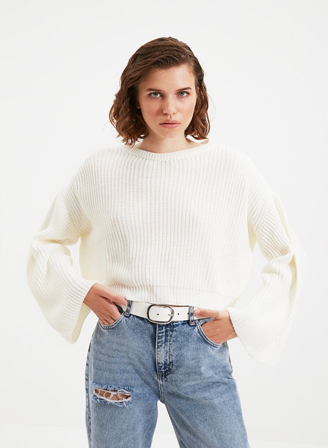 trendyol Ecru Crop Wide Pattern Spanish Sleeve Knitwear Sweater - Image 5