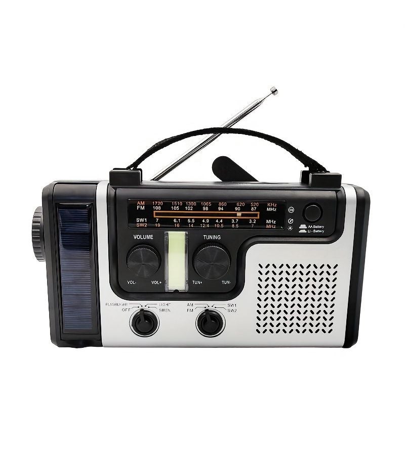 راديو طوارئ يعمل بالطاقة الشمسية ويدوي (كرنك) متعدد النطاقات AM/FM/SW مع مصباح يدوي LED ومصباح قراءة ومنبه وشحن الهاتف المحمول - موديل HT-998 - Image 1