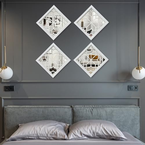 ZEXUIRU Set of 4 Wooden Rustic Square Wall Mirror Vintage Style Decorative Entry Mirror Farmhouse Wall Decoration for Living Room Bedroom Bathroom Kitchen 11.8 * 11.8inch White… - Image 5