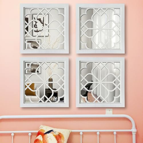ZEXUIRU Set of 4 Wooden Rustic Square Wall Mirror Vintage Style Decorative Entry Mirror Farmhouse Wall Decoration for Living Room Bedroom Bathroom Kitchen 11.8 * 11.8inch White… - Image 4