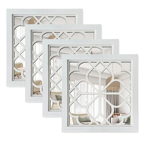 ZEXUIRU Set of 4 Wooden Rustic Square Wall Mirror Vintage Style Decorative Entry Mirror Farmhouse Wall Decoration for Living Room Bedroom Bathroom Kitchen 11.8 * 11.8inch White… - Image 1