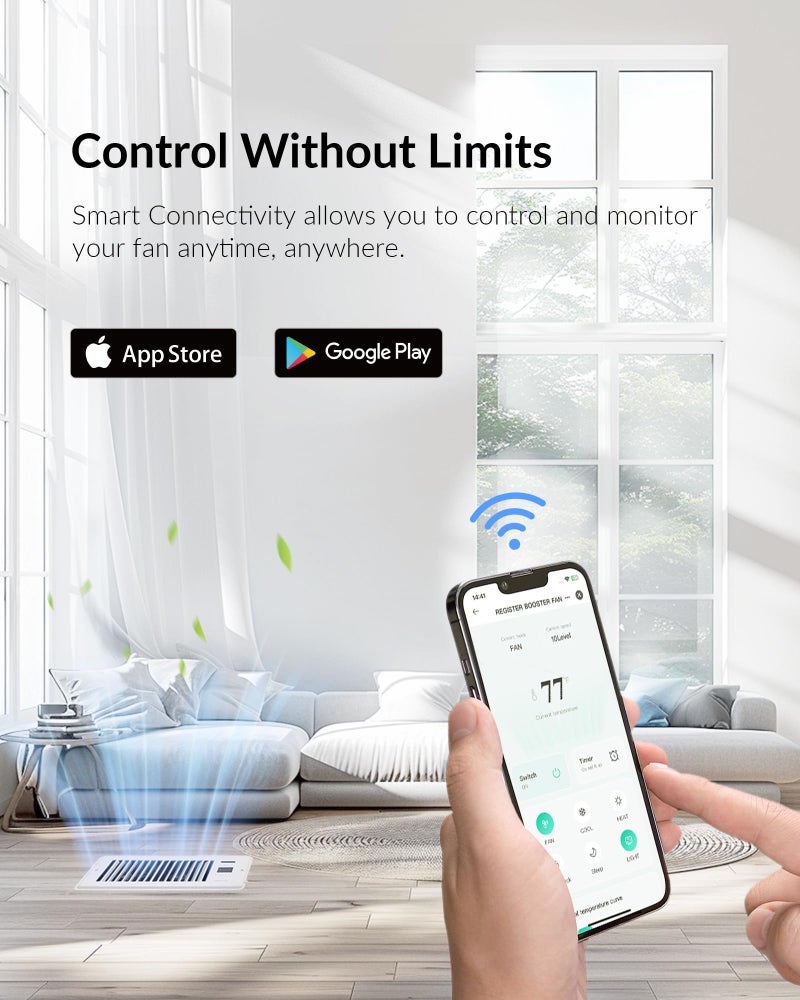 Howeall Super Quiet Register Booster Fan for 4" x 10" Register Holes, Smart Register Vent with Dual Intelligent Thermostat and WIFI App Control, Heating Cooling AC Vent Fan (White) - Image 3