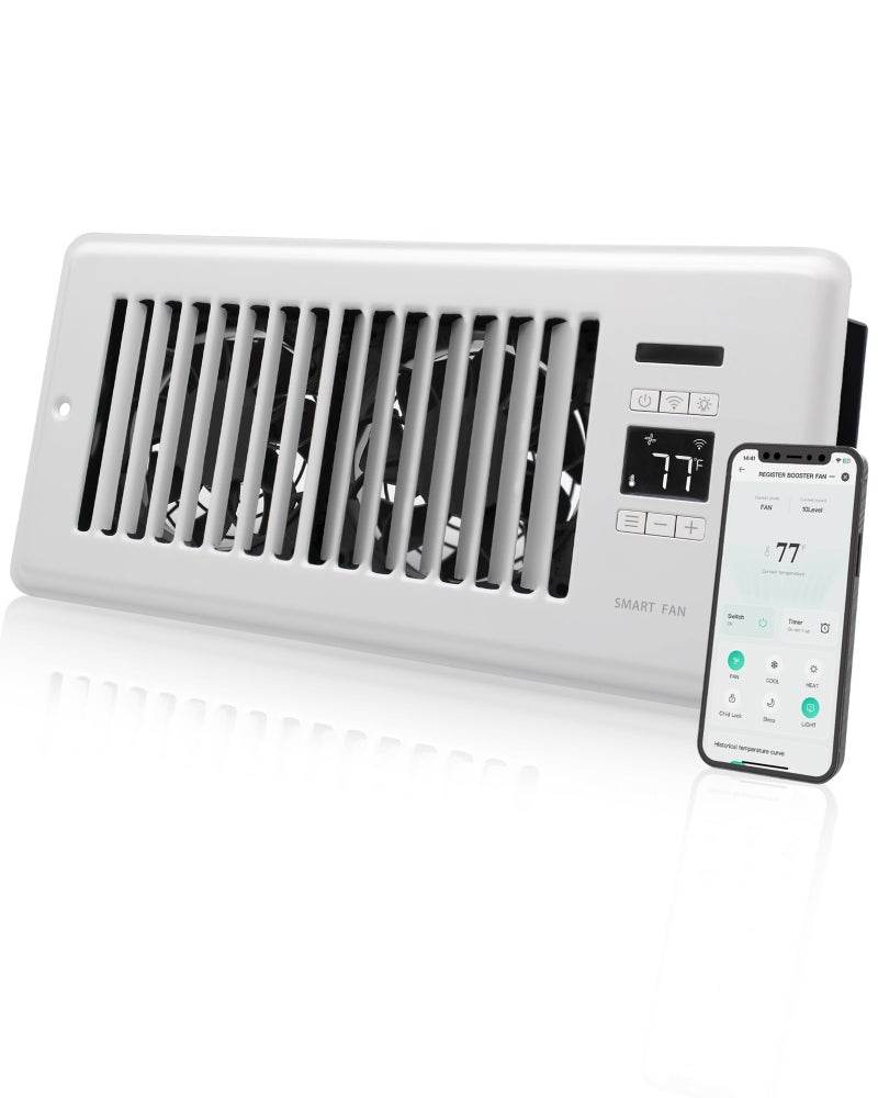 Howeall Super Quiet Register Booster Fan for 4" x 10" Register Holes, Smart Register Vent with Dual Intelligent Thermostat and WIFI App Control, Heating Cooling AC Vent Fan (White) - Image 1