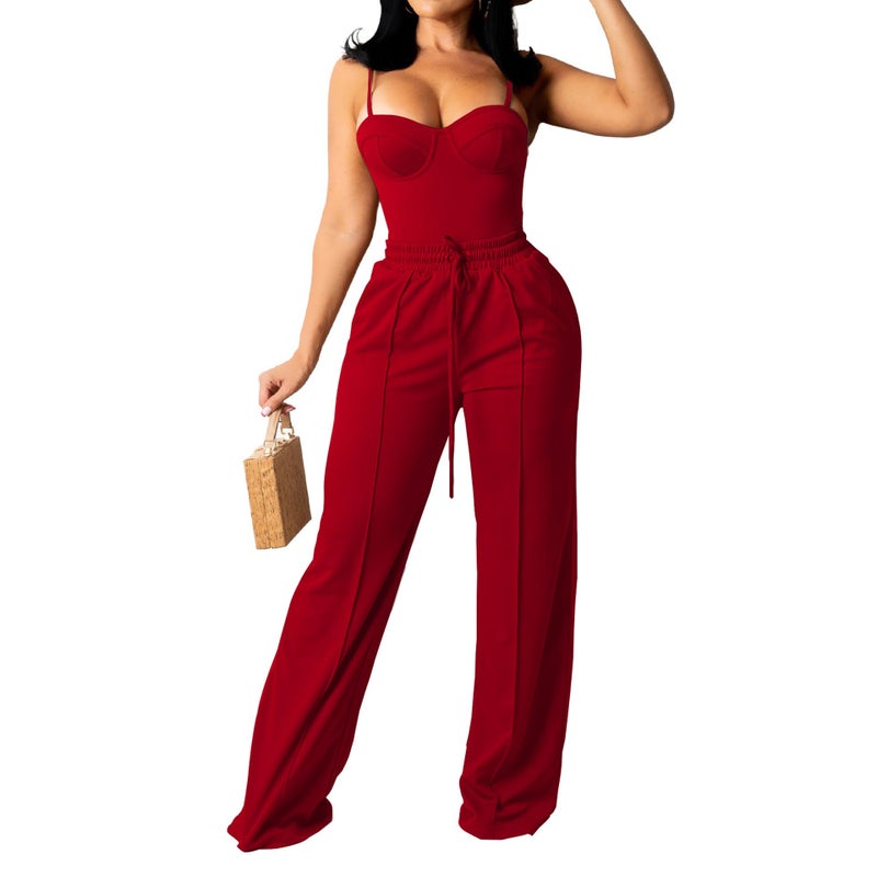 PINSV Women's Casual Wide Leg Pants High Waisted Drawstring Baggy Sweatpants Elastic Straight Leg Lounge Pants Red S - Image 2