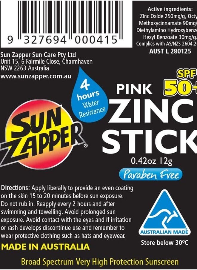 Sun Zapper - Zinc Oxide Sunscreen Stick Mineral Pink SPF 50+ Water Resistant for Face & Body, Adults, Kids (0.42 Oz, 12g) Broad Spectrum Sun Block, Made in Australia - Image 1