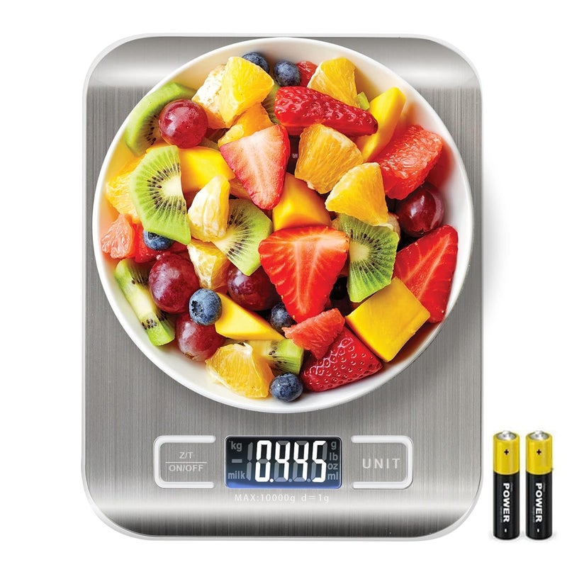 سكاي تاتش ميزان طعام رقمي SKY-TOUCH، ميزان مطبخ نحيف من الفولاذ المقاوم للصدأ متعدد الوظائف بشاشة LCD ووظيفة Tara، يحول بين أربع وحدات قياس، مع بطاريات مرفقة - فضي - Image 1