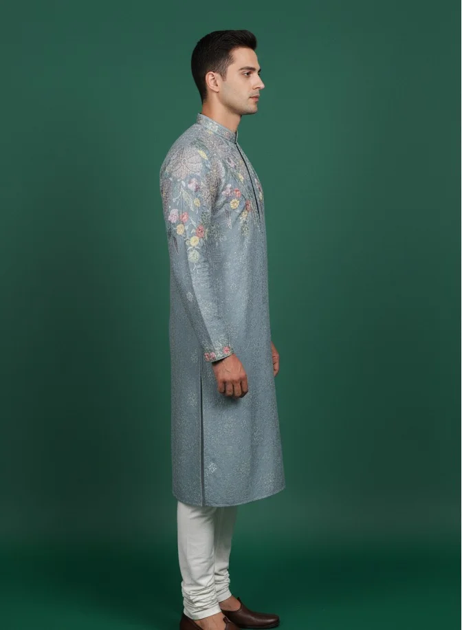 Lehar Dusky Blue Floral Embroidered Kurta Set