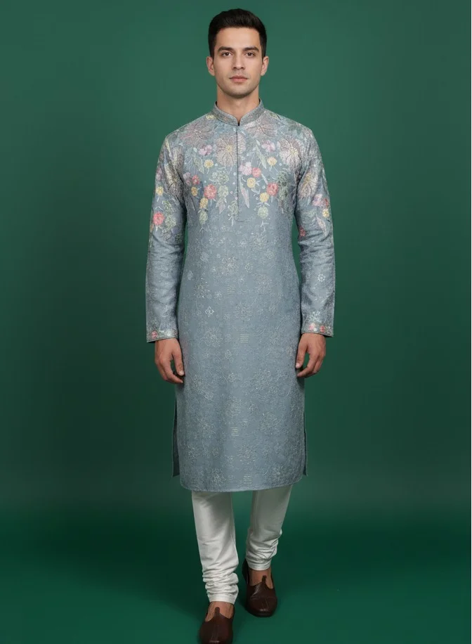 Lehar Dusky Blue Floral Embroidered Kurta Set