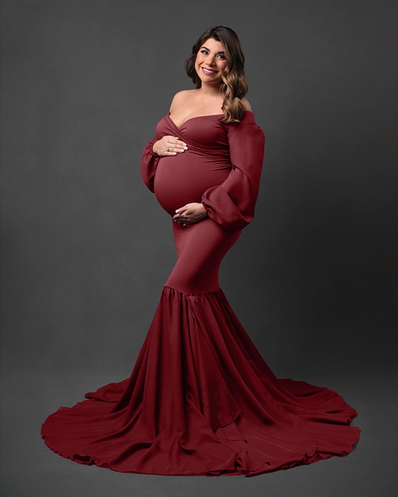 Saslax Long Chiffon Sleeve Tired Mermaid Maternity Dress for Photoshoot Photography Baby Shower Burgundy 12 Small - Image 2