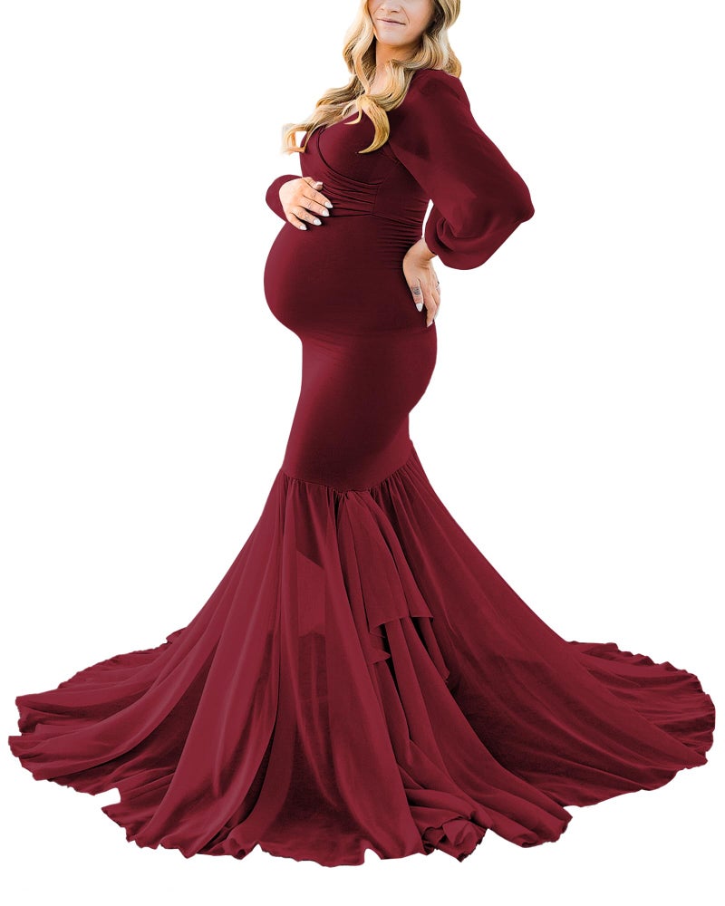 Saslax Long Chiffon Sleeve Tired Mermaid Maternity Dress for Photoshoot Photography Baby Shower Burgundy 12 Small - Image 1