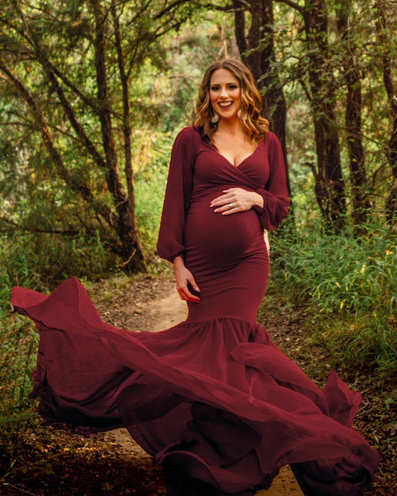 Saslax Long Chiffon Sleeve Tired Mermaid Maternity Dress for Photoshoot Photography Baby Shower Burgundy 12 Small - Image 4
