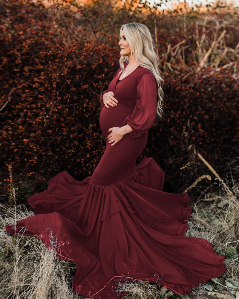Saslax Long Chiffon Sleeve Tired Mermaid Maternity Dress for Photoshoot Photography Baby Shower Burgundy 12 Small - Image 3