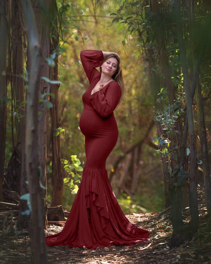 Saslax Long Chiffon Sleeve Tired Mermaid Maternity Dress for Photoshoot Photography Baby Shower Burgundy 12 Small - Image 5