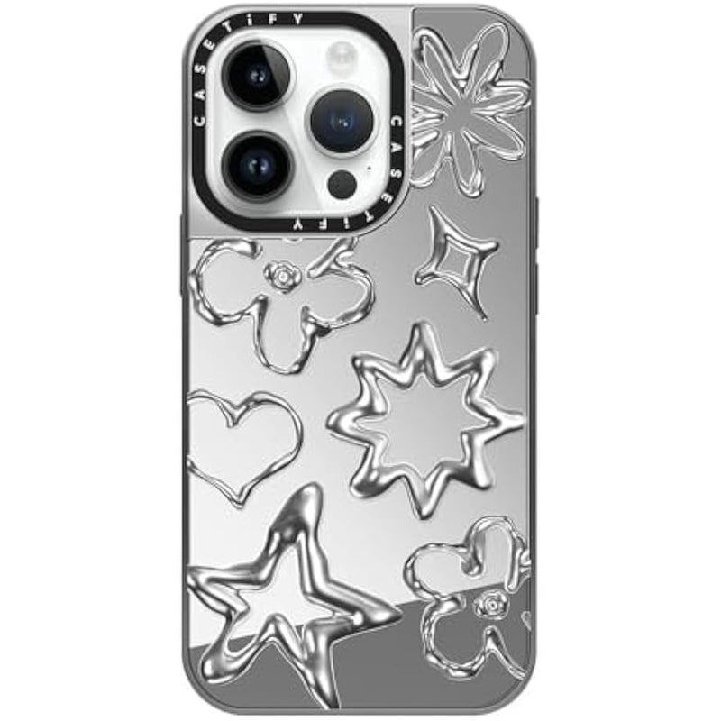 Casetify Mirror Case for iPhone 14 Pro Compatible with Magsafe - Chrome Doodles - Silver on Silver - Image 1
