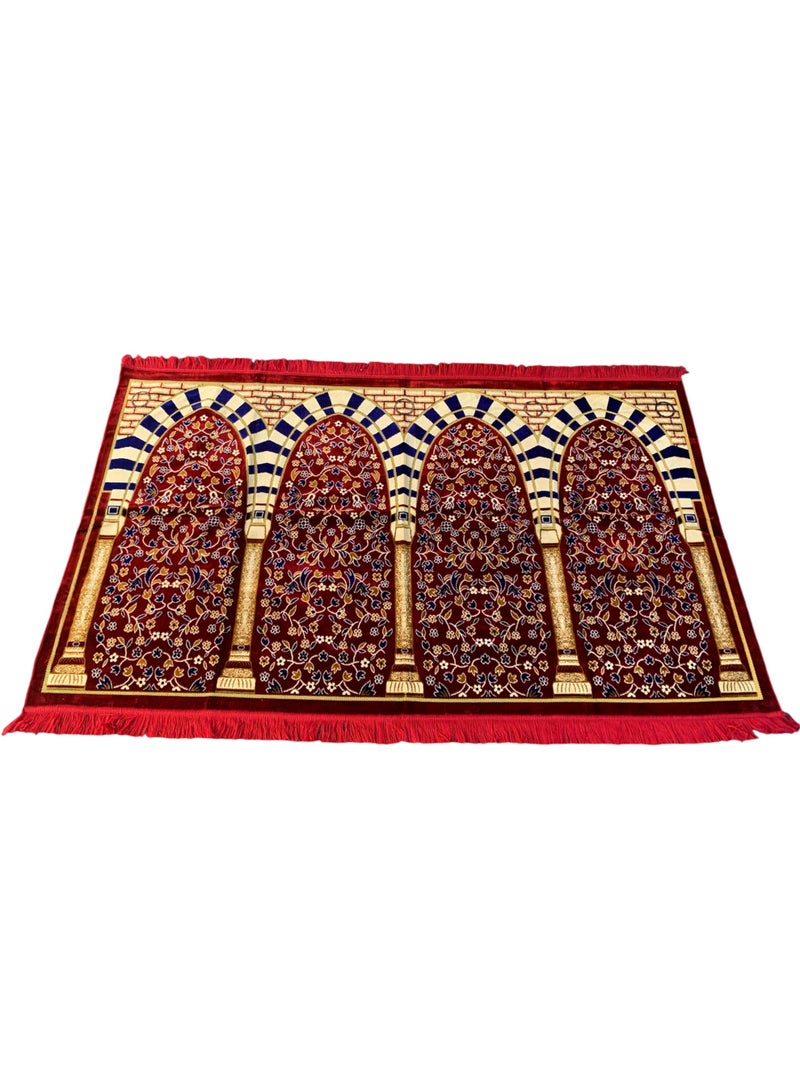 .سجادة صلاة للمسلمين | سجادة عائلية | لأربعة أشخاص | إسلامية | مصلى | متعددة الألوان | تصميم مزخرف | نقوش هندسية | حواف مقوسة ومزخرفة | قماش مخملي | لأربعة أشخاص (أحمر) - Image 1