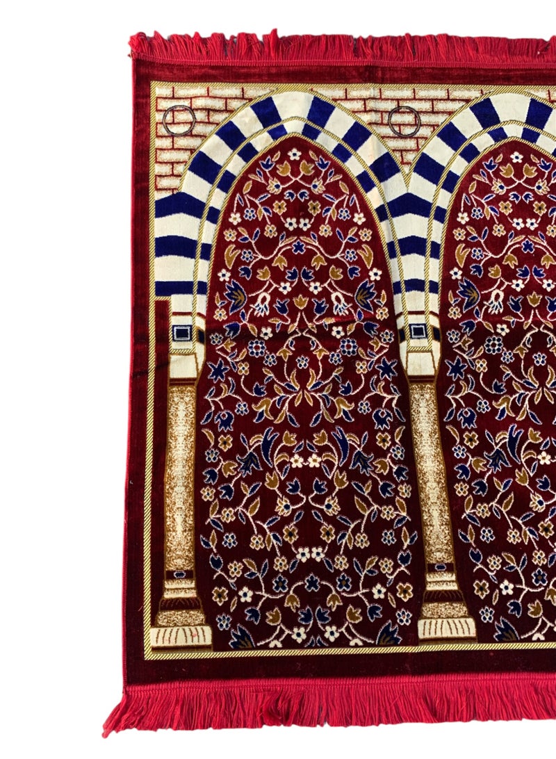 .سجادة صلاة للمسلمين | سجادة عائلية | لأربعة أشخاص | إسلامية | مصلى | متعددة الألوان | تصميم مزخرف | نقوش هندسية | حواف مقوسة ومزخرفة | قماش مخملي | لأربعة أشخاص (أحمر) - Image 5