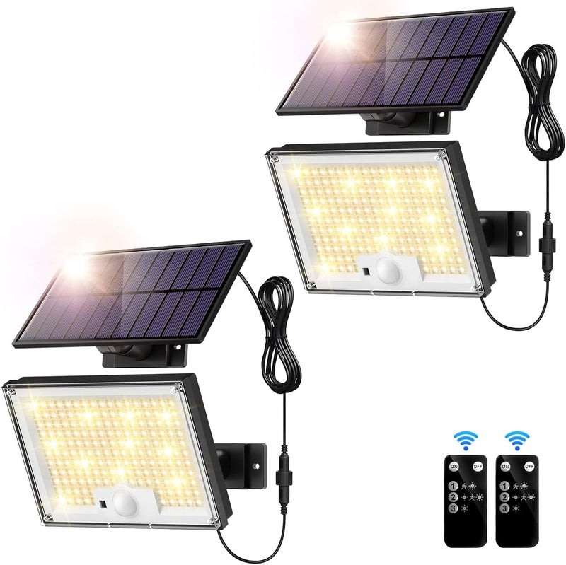 أضواء جوسيسيل الشمسية الخارجية مقاومة للماء IP65، 172 LED 9000K 3 أوضاع أضواء شمسية خارجية منفصلة مع مستشعر حركة ووحدة تحكم عن بعد، أضواء فيض شمسية من الغسق إلى ال��جر للفناء والرواق والحديقة، 2 قطعة (أبيض دافئ) | مستشعر حركة منفصل بثلاثة أوضاع، وحدة تحكم عن بعد، مقاومة للماء IP65، للفناء والرواق والحديقة والمرآب - Image 1