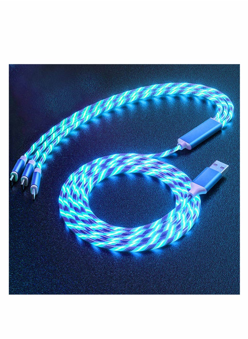 Excefore Multi USB Cable 3 in 1 Blue Led Flowing Charging Cable Shining Glow in The Dark USB Car Charger Cable Visible Light Up Led Charger for iOS Phone Android USB Type C Cable (1.2m)  - Image 1