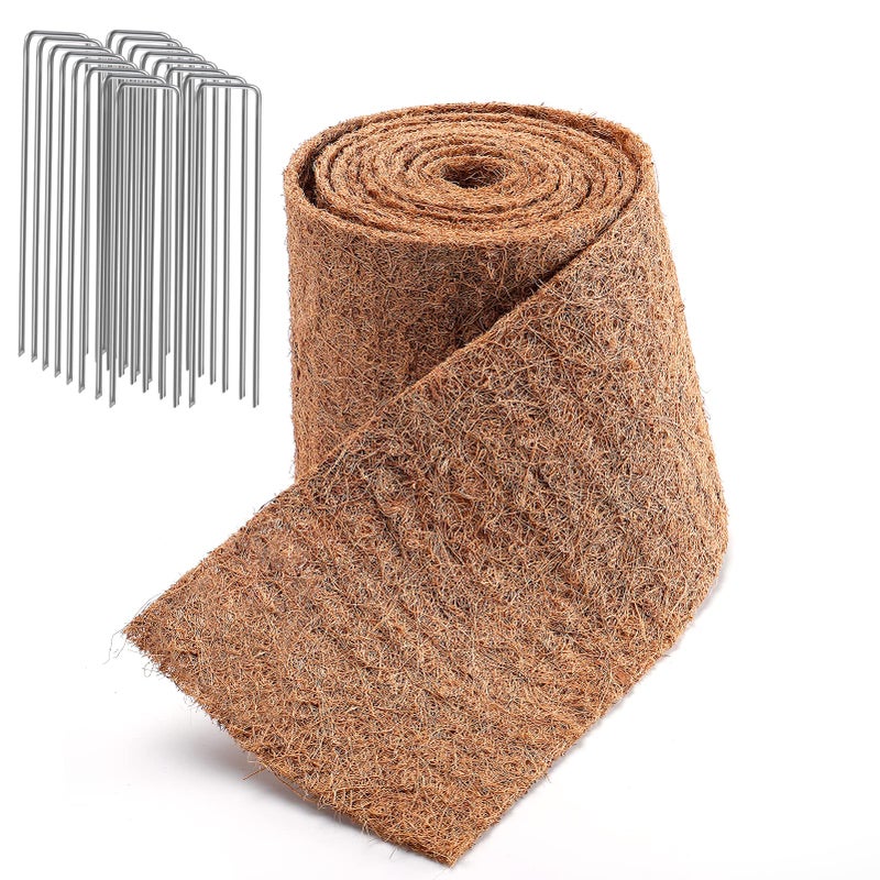 ANPHSIN Natural Mulch Roll for Landscaping- 120" x 6.3" Weed Barrier Coconut Fiber Mat with 16 U-Shaped Steel Stakes, Thick Garden Border Edging for Plants, Flowers, Lawns, Vegetables - Image 1