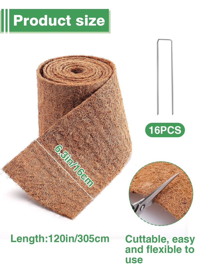 ANPHSIN Natural Mulch Roll for Landscaping- 120" x 6.3" Weed Barrier Coconut Fiber Mat with 16 U-Shaped Steel Stakes, Thick Garden Border Edging for Plants, Flowers, Lawns, Vegetables - Image 5