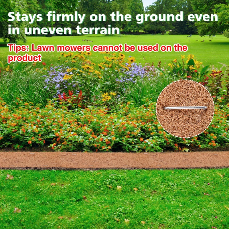 ANPHSIN Natural Mulch Roll for Landscaping- 120" x 6.3" Weed Barrier Coconut Fiber Mat with 16 U-Shaped Steel Stakes, Thick Garden Border Edging for Plants, Flowers, Lawns, Vegetables - Image 4